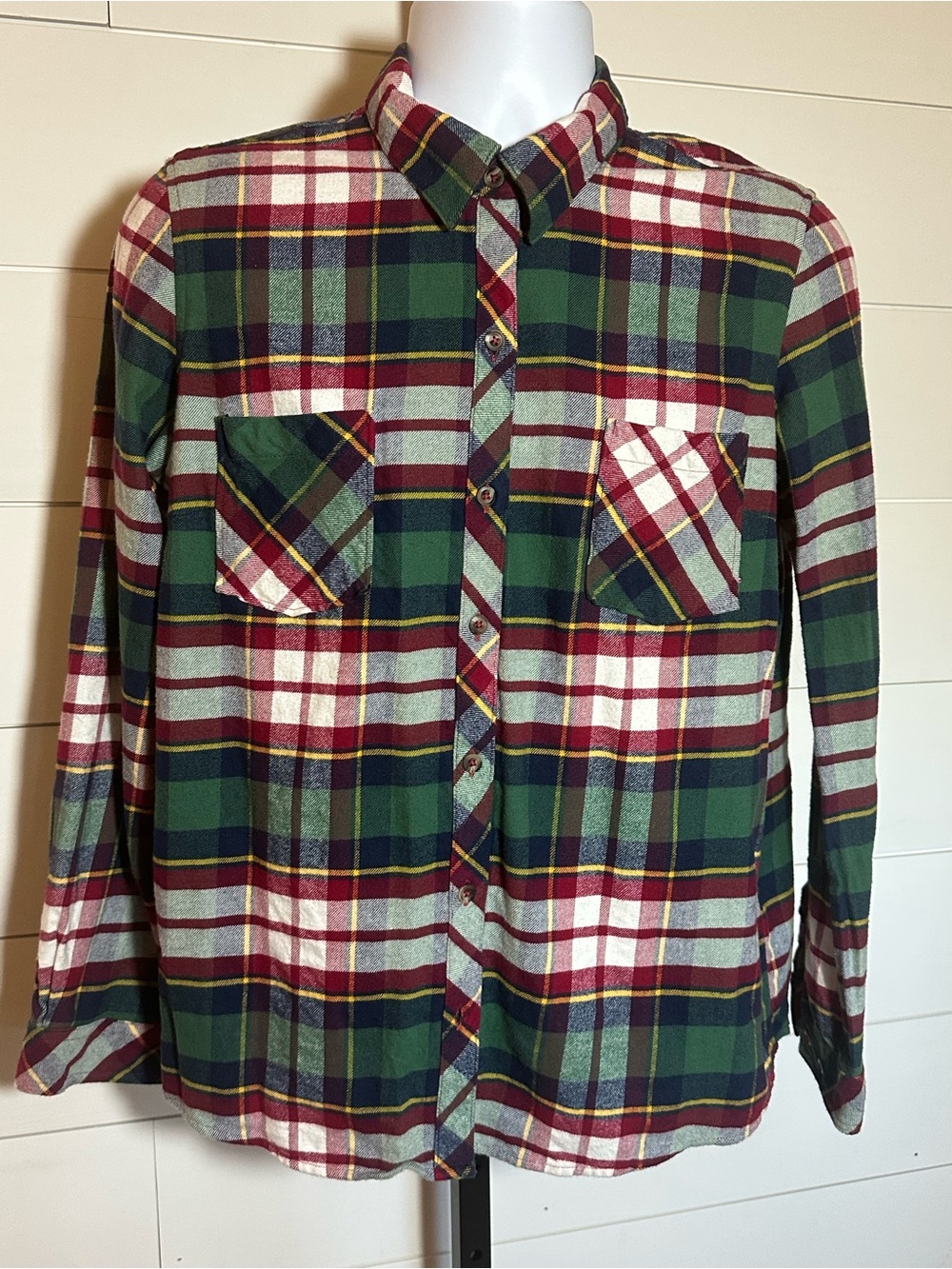 Green and Burgundy Plaid Button-Up Shirt
